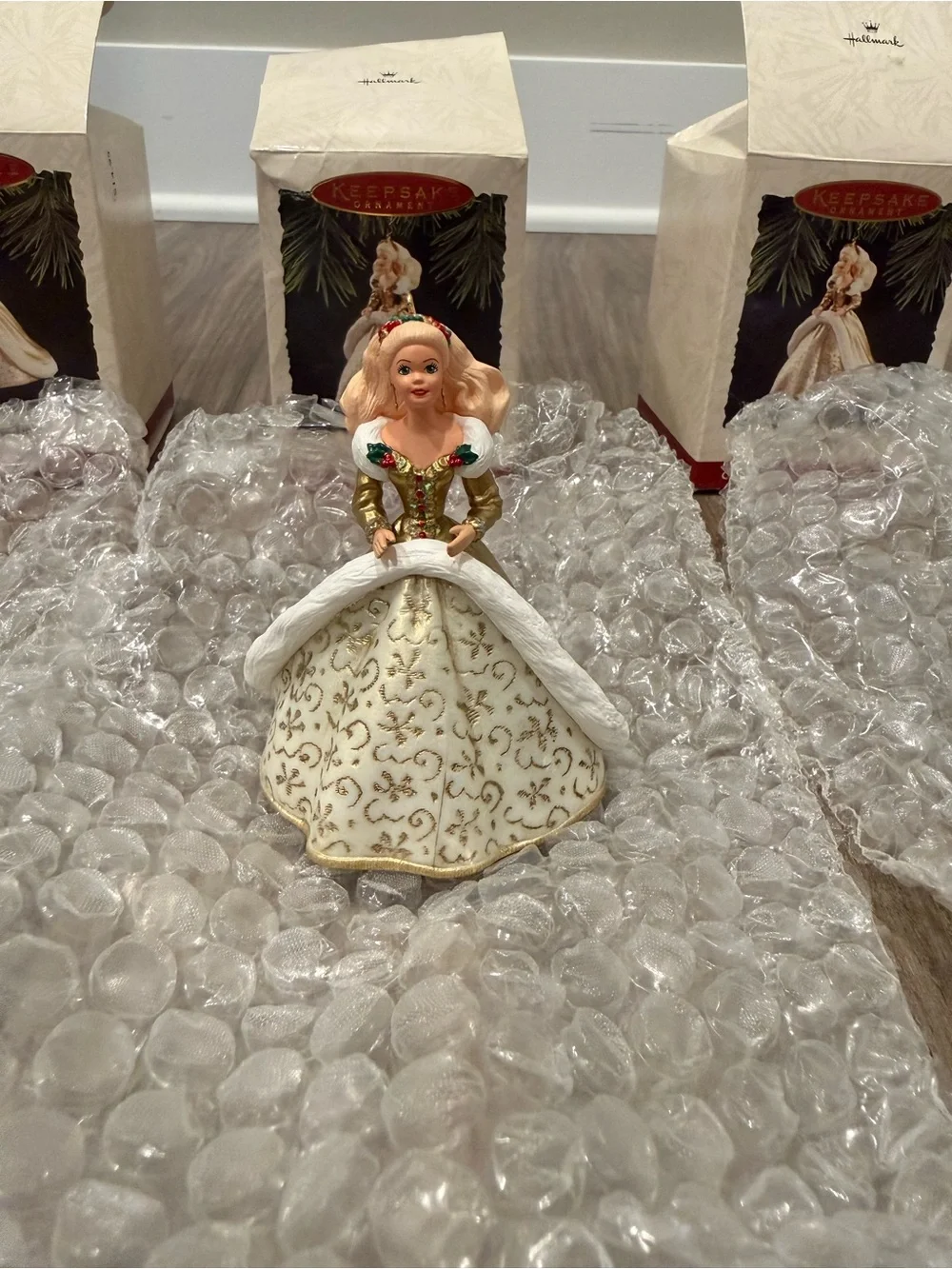 NWT 3Pk Vintage 1994 Holiday Barbie Hallmark Figurine Ornament - Ivory and Gold